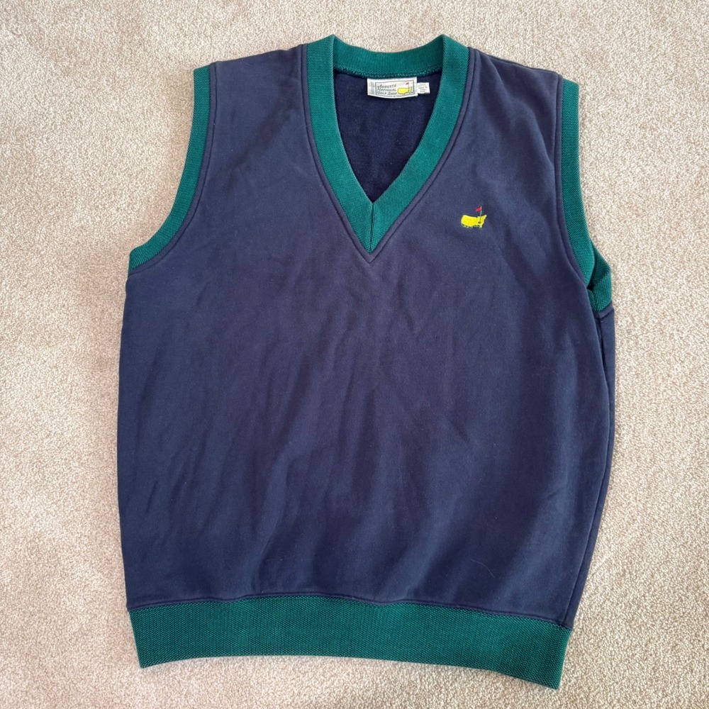 Slazenger Mens 100% Cotton Sweater Vest L Navy Blue Green Masters Augusta Logo
